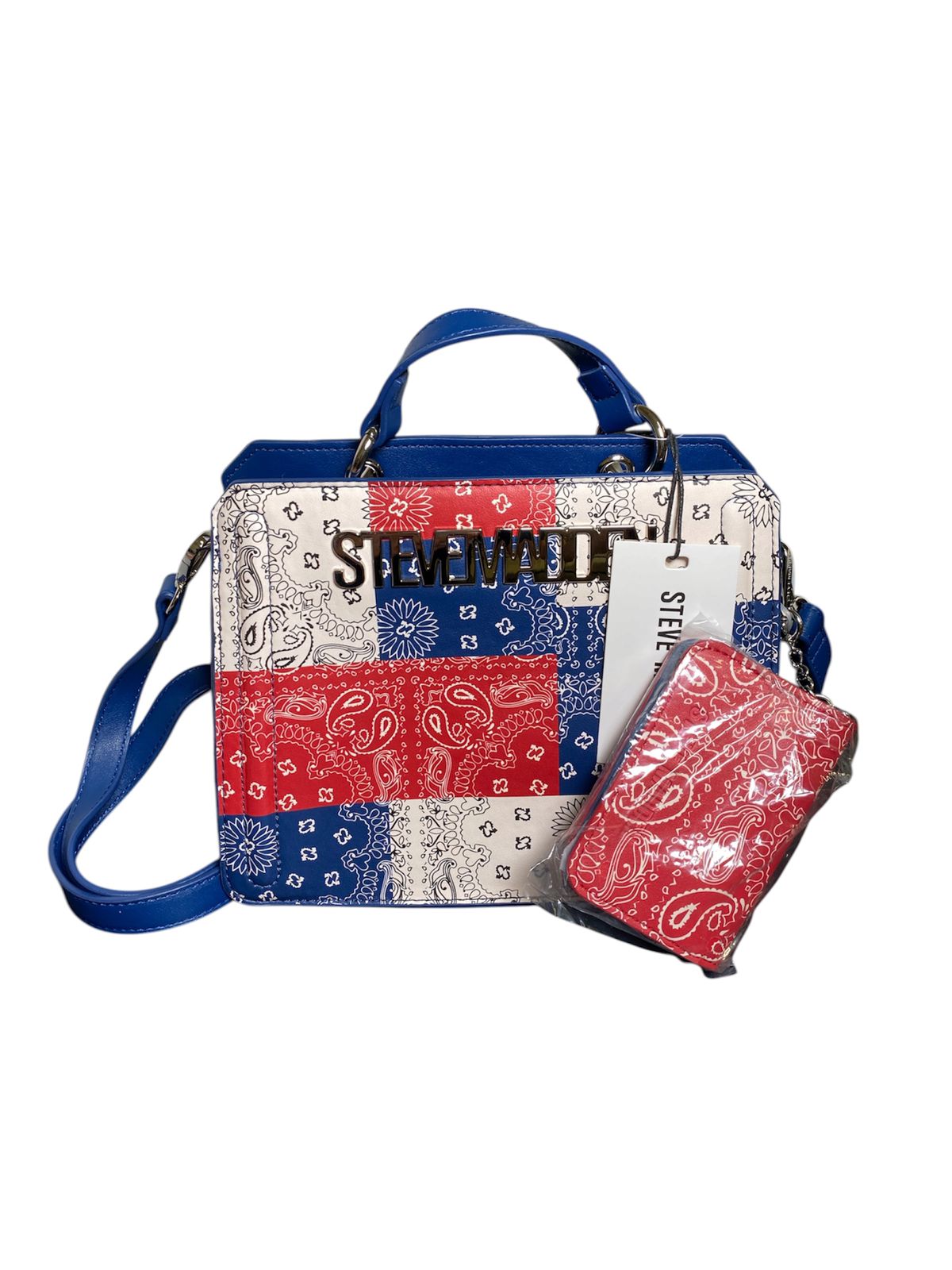 Bolso Satchel Steve Madden Bandanas – Azul con Diseño Patchwork y Monedero