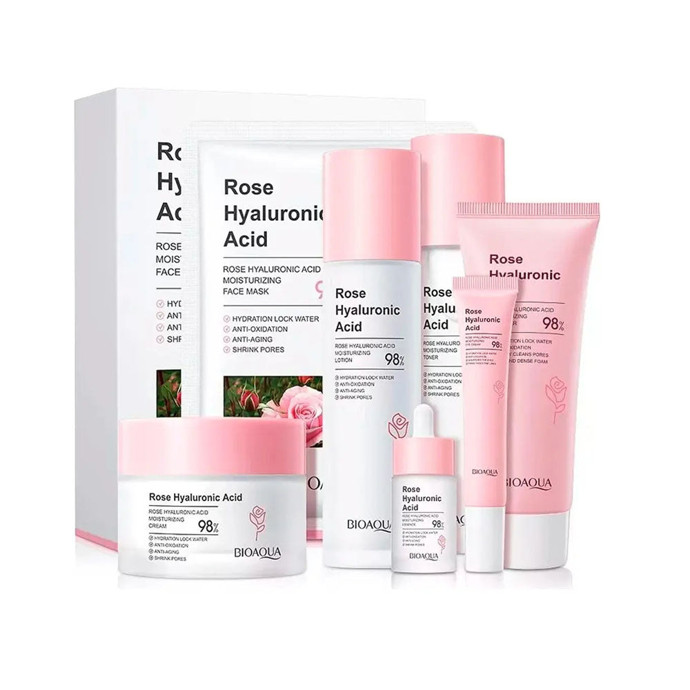Kit skincare Biaqua 6 pasos de agua de rosas y ácido Hialurónico
